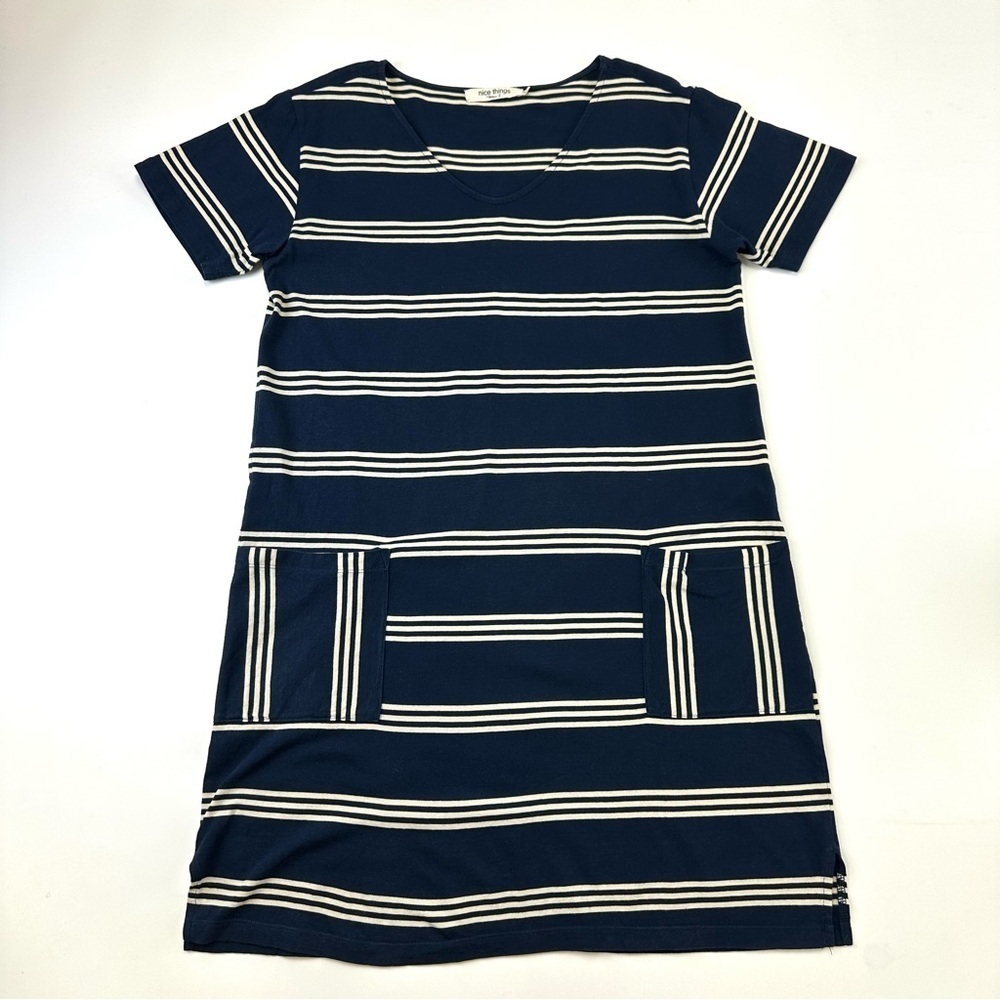 Nice Things navy stripe Tshirt dress cream nautical short sleeve XL Vneck